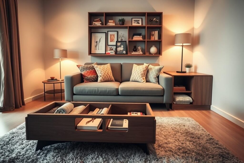 A stylish small living room showcasing multi-functional furniture designed with hidden storage features. In the foreground, an elegant coffee table with lift-top compartments revealing books and blankets, accentuated by a plush area rug. The middle layer displays a sleek sofa with built-in side storage and colorful throw pillows, inviting a cozy atmosphere. In the background, a compact shelving unit blends seamlessly into the wall, filled with neatly organized decor and additional storage. The scene is illuminated by warm, soft lighting, creating a welcoming ambiance. The perspective is a mid-angle shot from the corner, highlighting the clever use of space and functional design, conveying a modern and minimalist aesthetic. The mood is inspirational and practical, perfect for maximizing small apartment living.