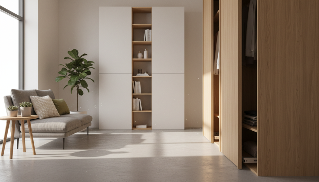 A stylish, small living space featuring clever hidden closet solutions seamlessly integrated into the decor. In the foreground, there’s a sleek, minimalist wardrobe with a pull-out feature, elegantly constructed with light wood and a soft-closing mechanism. The middle of the room showcases a compact shelving unit that can be closed to conceal various items, presenting a clean, organized look. In the background, a cozy sitting area with a small sofa and decorative plants creates a warm atmosphere, through natural light streaming in from a nearby window. The overall mood is modern and inviting, emphasizing functional design while maintaining an uncluttered aesthetic. The angle captures a wide view, allowing the viewer to appreciate the clever use of space.
