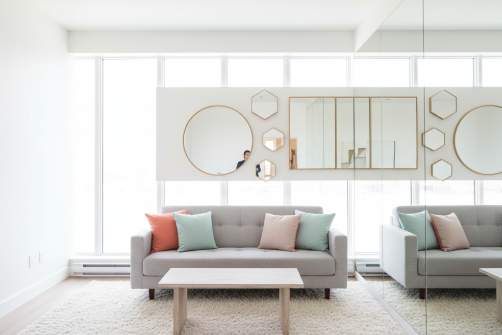 A stylish, small-space living room featuring an innovative arrangement of mirrors strategically placed to create the illusion of a larger area. In the foreground, a cozy, minimalist sofa with colorful throw pillows sits atop a plush area rug. The middle ground showcases an array of mirrors of varying shapes and sizes mounted on the walls, reflecting light and creating depth. In the background, large windows allow natural light to pour in, illuminating the room and enhancing the optical effect. The overall atmosphere is fresh and modern, with a warm, inviting color palette of soft whites, light grays, and pops of pastel colors. The perspective is slightly elevated, capturing the room’s depth and the dynamic light play created by the mirrors.