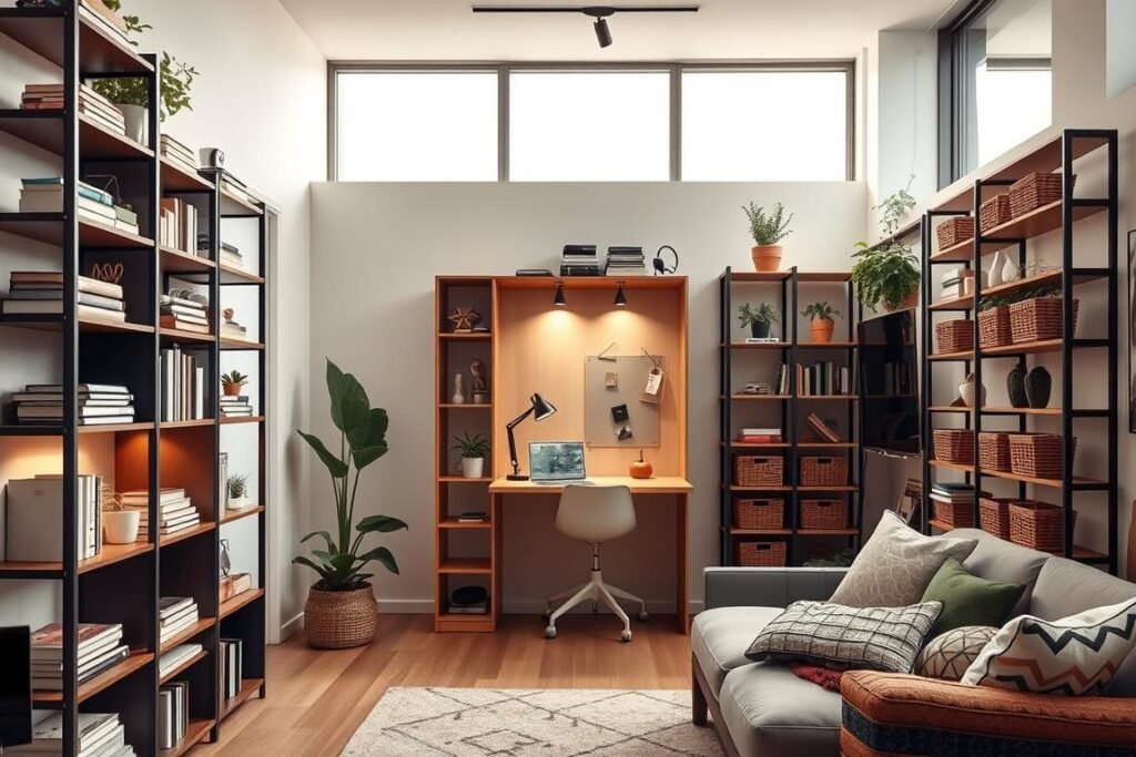 A stylish small studio apartment featuring innovative vertical storage solutions that maximize space. In the foreground, sleek, tall shelving units filled with books, plants, and decorative items, showcasing a minimalist yet inviting decor. The middle ground displays a compact workspace integrated into the wall, with a foldable desk and a pinboard, surrounded by vertical storage baskets. In the background, large windows allow natural light to flood in, enhancing the brightness of the room. Use warm lighting to create a cozy atmosphere, with a soft focus on the shelves to emphasize depth. The overall composition should convey a sense of upward movement and organized sophistication, resonating with the concept of maximizing living space effectively.