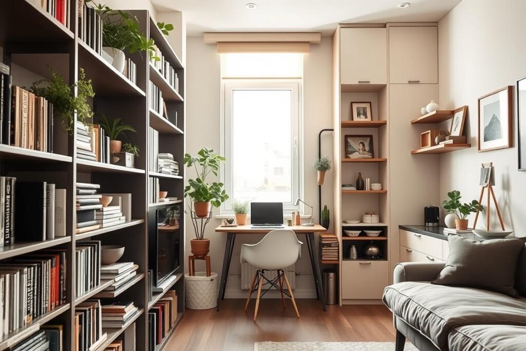 A stylish small studio apartment featuring innovative vertical storage solutions. In the foreground, a sleek bookshelf filled with books, plants, and decorative items stretches from floor to ceiling. In the middle, a compact desk organizes office supplies neatly on a vertical wall-mounted system, with minimalist design elements. The background showcases an ingenious use of wall space, incorporating cabinets and floating shelves that house kitchenware and decorative pieces. Soft, natural light filters through a window, creating a warm atmosphere. The room is decorated in calming neutral tones with pops of color from art pieces and greenery, evoking a cozy yet organized vibe perfect for maximizing space in a small living area. The perspective is slightly angled to capture the verticality of the storage solutions effectively.