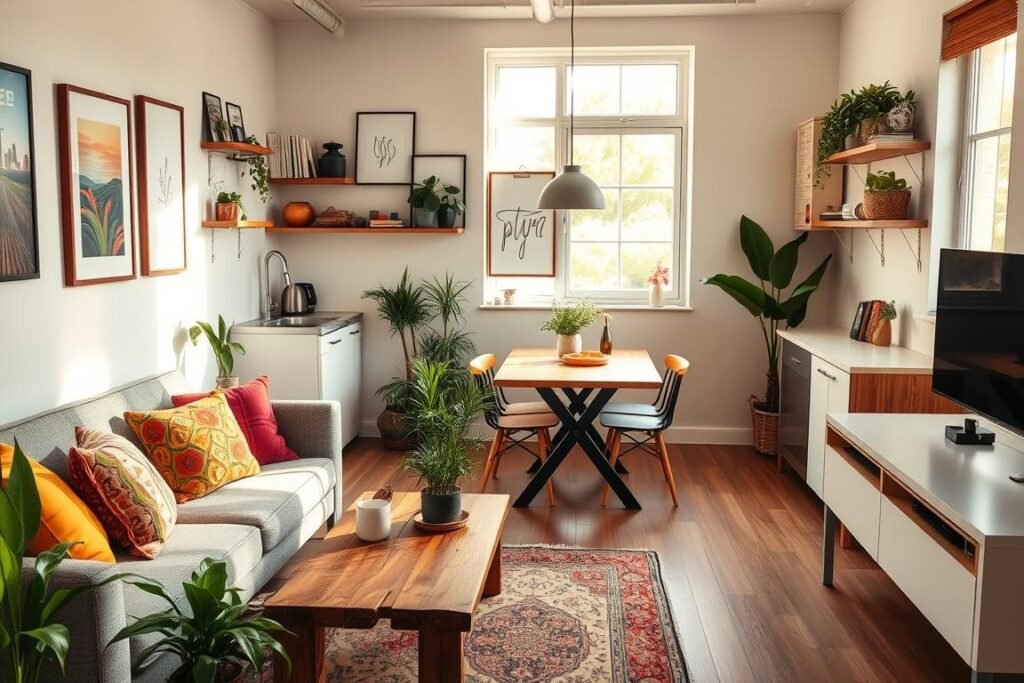 A stylish small studio apartment is thoughtfully decorated to maximize space, featuring an open layout with a cozy living area, a neat kitchenette, and a multifunctional workspace. The foreground showcases an inviting sitting area with a modern sofa adorned with colorful cushions, a compact coffee table made of reclaimed wood, and indoor plants adding vibrant greenery. In the middle, there’s a stylish dining table for two, complemented by chic wall art and shelves displaying books and decor. The background reveals a bright window letting in warm, natural light, enhancing the airy atmosphere. Soft, ambient lighting creates a welcoming mood, and the scene is captured from a slightly elevated angle to reveal the overall design harmony. The styling reflects a blend of contemporary and bohemian elements, emphasizing comfort and creativity in small spaces.