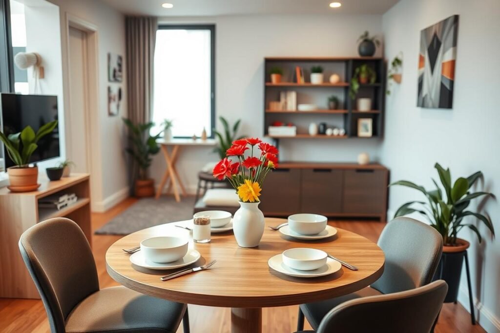 A stylish, space-saving dining area in a small apartment, showcasing a compact, round table that can extend for extra guests, surrounded by modern, stackable chairs. The foreground features a cozy place setting with minimalistic dishware and an eye-catching centerpiece of vibrant flowers. In the middle ground, a sleek, wall-mounted shelf displays decorative items and essentials, optimizing storage without clutter. The background reveals a well-lit interior with a large window, letting in soft, natural light, and plants adorning the corners to create an inviting atmosphere. Capture the scene from a slightly elevated angle, emphasizing the functionality and elegance of small space design, with warm tones to convey a welcoming ambiance.
