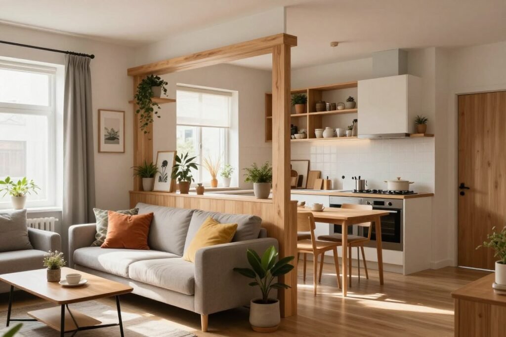 A stylish studio apartment interior, showcasing effective organization and distinct zones. In the foreground, a cozy living area features a small, plush sofa adorned with colorful cushions and a sleek coffee table. In the middle, a unique room divider separates the living space from a compact dining area, constructed of light wood with decorative elements like plants and art. The background reveals a well-organized kitchen with space-saving shelves and essential appliances. Soft, natural light streams in through a large window, creating a warm and inviting atmosphere. The scene emphasizes functionality and aesthetics, with an overall mood of comfort and creativity, captured from a slightly elevated angle to highlight the different zones within the small space.