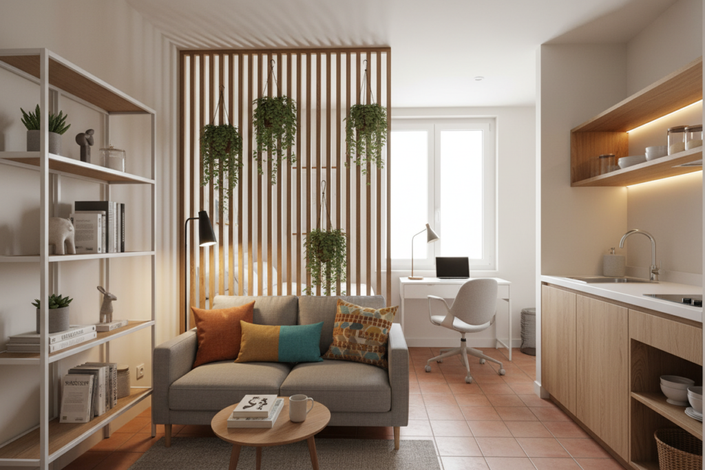 A stylish studio apartment interior showcasing effective room dividers and functional zoning. The foreground features a cozy living area with a small, modern sofa adorned with colorful cushions, a coffee table, and a space-saving bookshelf. The middle ground includes a decorative room divider made of wood with plants, separating the living area from a compact work nook with a sleek desk and a comfortable chair. The background reveals a minimalist kitchen with open shelving and bright light streaming in through an oversized window, accentuating the natural textures and warm color palette. Soft, ambient lighting creates a welcoming atmosphere. The perspective is slightly elevated, capturing the spatial distribution and functionality of the layout.