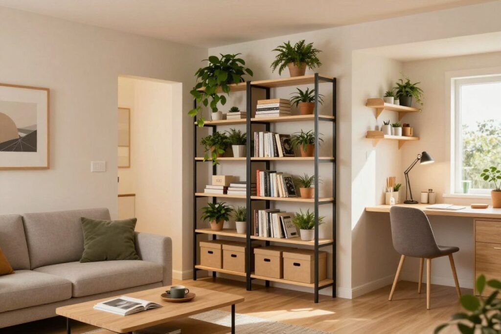 A stylish studio apartment showcasing vertical storage solutions. In the foreground, a compact living area features a minimalist sofa against the wall, with a multifunctional coffee table. The middle of the scene includes tall shelving units filled with plants, books, and decorative boxes, maximizing vertical space. A wall-mounted desk is positioned near a window, promoting natural light. In the background, a kitchen corner displays organizers on the walls. The scene is illuminated by soft, warm lighting, creating a cozy atmosphere. The angle is slightly elevated to capture the entire layout, emphasizing organization and space efficiency, reflecting an inviting and functional living environment perfect for small homes.