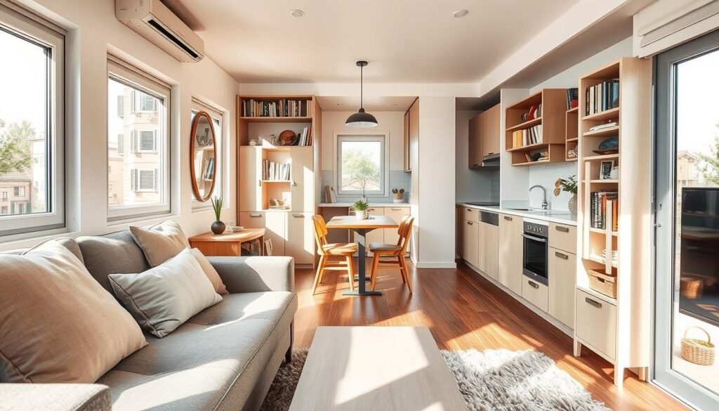 A stylish tiny apartment interior showcasing innovative space-saving design solutions. In the foreground, a multifunctional furniture piece transforms between a sofa and a bed, adorned with soft, neutral-toned cushions. The middle features a compact dining area with a foldable table and wooden chairs, adjacent to a cleverly designed shelving unit filled with books and decorative items. The background displays a kitchen nook with sleek cabinets and a pull-out pantry. Natural light floods the space through large windows, creating a warm, inviting atmosphere. Use a wide-angle lens to capture the efficient layout, emphasizing practicality and modern aesthetics. The mood is vibrant yet cozy, highlighting the ingenuity of small apartment living.