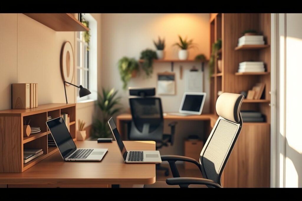 A stylish tiny home office featuring multi-functional furniture designed for maximizing space. In the foreground, a sleek, compact desk with built-in shelves and a fold-down workspace, showcasing various office supplies and a laptop. The middle ground displays a comfortable ergonomic chair with a minimalist design. The background features a well-organized wall with hanging plants and a small whiteboard, enhancing creativity and productivity. Warm, natural lighting filters through a window, casting gentle shadows and creating a cozy atmosphere. The perspective is slightly angled to capture the depth of the space, emphasizing the efficiency of the layout. The overall mood is inspiring and focused, ideal for a productive work environment.