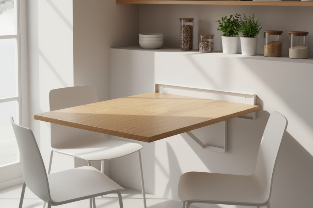 A stylish, wall-mounted fold-down dining table is showcased in a cozy, modern kitchen. The table, made of light oak wood, is folded down to reveal its smooth surface, with delicate grain patterns visible. An elegant wall-mounted bracket supports the table, blending seamlessly with the soft white walls. In the foreground, a pair of minimalist dining chairs are neatly tucked under the table, emphasizing the table's practicality for small spaces. Natural light streams in through a nearby window, casting gentle shadows and creating a warm, inviting atmosphere. In the background, neatly organized kitchen utensils and potted plants add a touch of greenery, enhancing the overall sense of home and functionality. The arrangement emphasizes efficient use of space while maintaining aesthetic appeal.