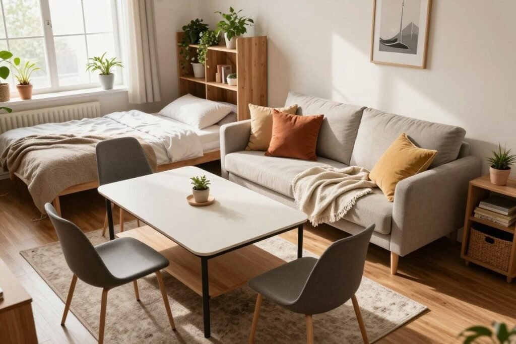 A stylishly designed small living space featuring multi-functional furniture that maximizes utility while maintaining aesthetic appeal. In the foreground, a sleek coffee table that easily transforms into a dining table, surrounded by compact, stackable chairs. The middle of the scene showcases a cozy sofa that doubles as a bed, adorned with colorful pillows and a soft throw blanket. In the background, a modular shelving unit filled with plants and decorative items enhances the atmosphere. Natural light streams in from a large window, casting soft shadows and creating a warm, inviting mood. The angle of the shot is slightly tilted, offering a unique perspective on the clever furniture solutions while emphasizing the layout of the tiny apartment.