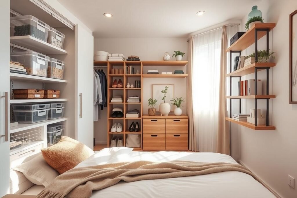 A tiny bedroom featuring a modern organization system, showcasing a well-designed closet with clear storage bins, hanging organizers, and a space-efficient shoe rack. In the foreground, a neatly made bed with decorative pillows and a cozy throw blanket. The middle ground reveals smart shelving units that hold books and plants, maximizing vertical space. In the background, soft lighting bathes the room, creating a warm and inviting atmosphere with a small window allowing natural light to filter through sheer curtains. The room's color palette consists of soft pastels with accents of wood for a calming effect, emphasizing a stylish yet functional space-saving design. Detailed textures and realistic furniture arrangements create a lived-in, approachable feel.