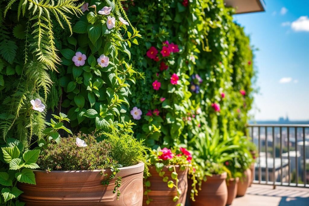 A vibrant vertical garden wall overflowing with a variety of lush green plants, showcasing cascading ferns, colorful flowers, and edible herbs. The foreground features planters with textured wood and ceramic pots, rich in intricate details. In the middle, the vertical garden's greenery appears vivid and dense, with different shades of green, hints of blooming petals, and trailing vines creating a dynamic visual. The background consists of a soft, blurred balcony railing and an inviting view of a small urban skyline under a bright blue sky. Ambient sunlight filters through, casting gentle shadows and illuminating the plants, evoking a serene and rejuvenating atmosphere perfect for small outdoor spaces. Use a shallow depth of field to emphasize the garden wall, capturing a warm and inviting scene.