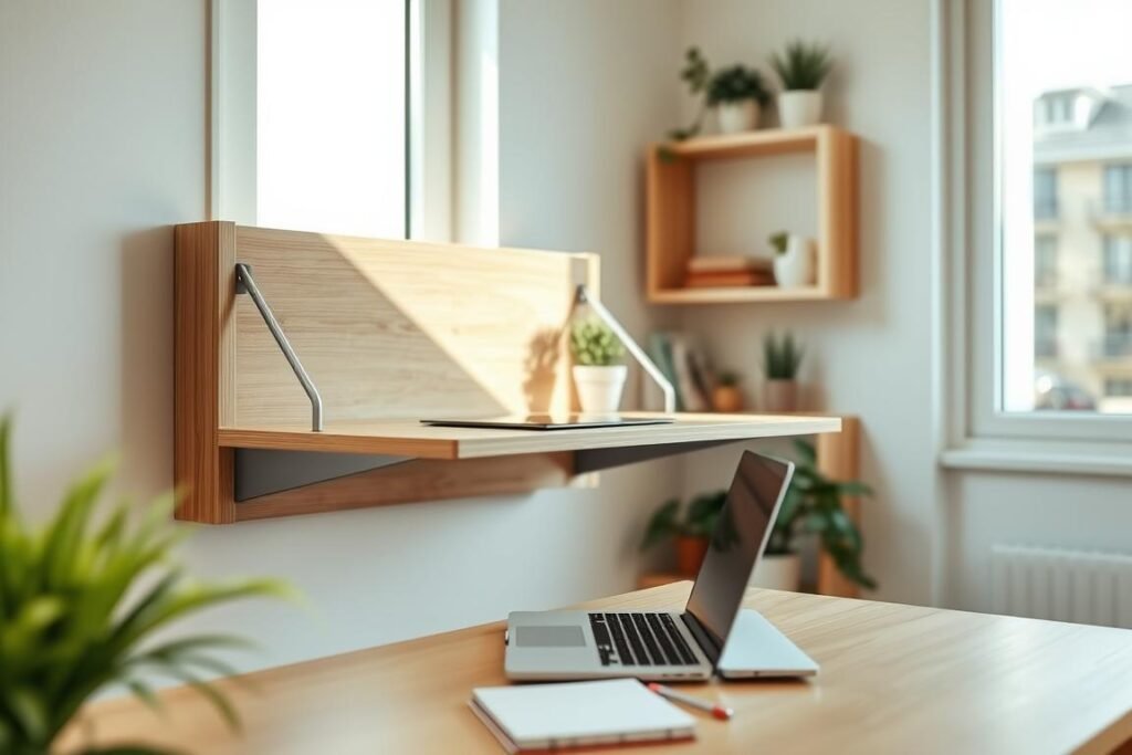 A wall-mounted folding desk is set against a bright, airy backdrop of a small home office. The desk, crafted from light oak wood, features clean lines and a minimalist design, with a smooth surface and sleek metal brackets that allow it to fold down seamlessly. In the foreground, an open laptop and a neatly arranged notepad are placed on the desk, suggesting a workspace ready for productivity. The middle ground highlights potted plants and decorative items on nearby shelves, adding a touch of warmth and personality to the scene. Soft, natural sunlight filters through a nearby window, casting gentle shadows that enhance the inviting atmosphere. The angle is slightly overhead, capturing the entire setup in a vibrant, cozy setting that conveys the essence of compact living.