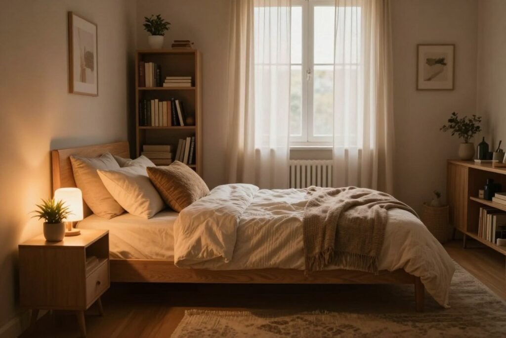 A warm and inviting cozy apartment bedroom, featuring a small bed with soft, textured bedding and plenty of cushions, creating a snug atmosphere. The foreground includes a stylish nightstand with a small plant and a dimly lit lamp, casting a warm glow. In the middle ground, a bookshelf filled with books and decorative items adds character, while a soft rug lies on the floor, enhancing the comfort. The background showcases a window with sheer curtains, allowing soft, natural light to filter in, emphasizing a serene morning vibe. The walls are painted in warm, muted tones, giving a relaxing feel. The overall ambiance should convey a sense of tranquility and coziness, inviting viewers to imagine their own small, un-cluttered retreat.