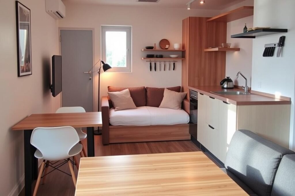 A well-designed, compact living space featuring innovative foldable furniture solutions for small apartments. In the foreground, a sleek, foldable dining table is set against a wall, showcasing modern chairs that tuck neatly underneath when not in use. In the middle, a multifunctional sofa converts into a bed, with plush cushions enhancing comfort, spotlighted by warm, inviting lighting. The background reveals a minimalist kitchen area with space-saving storage options, including hanging shelves and magnetic knife strips. The atmosphere is cozy and functional, with natural light streaming in through a window, creating a sense of openness despite the compact space. The overall scene conveys smart organization and stylish living in tight quarters.