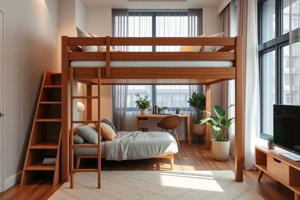 A well-designed, creative loft bed in a modern studio apartment, optimized for limited space. In the foreground, focus on a stylish full-sized loft bed featuring a sleek wooden frame with integrated shelves and a cozy reading nook beneath, adorned with soft cushions. The middle area displays a compact living space with a small desk and plants, creating a warm, inviting atmosphere. The background showcases large windows with sheer curtains letting in natural light, enhancing the airy feel. The color palette should be neutral with pops of color from decor items. Capture the scene with soft, diffused lighting for a relaxed ambiance, using a slightly elevated angle to emphasize the loft bed's functionality and the overall space efficiency.