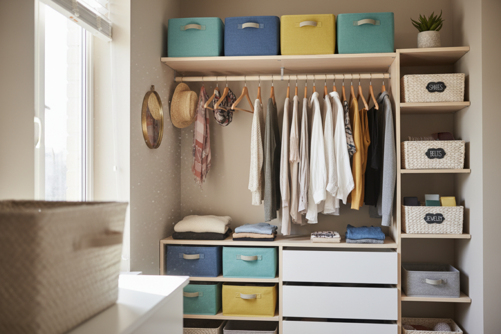 A well-organized closet in a stylish tiny studio apartment, showcasing clever storage solutions. In the foreground, there are neatly arranged shelves filled with colorful storage bins and labeled baskets, used for shoes and accessories. In the middle, a open wardrobe features a balanced mix of clothing on wooden hangers, with space-efficient pull-out drawers below. The background shows a soft, neutral wall adorned with hooks and a small mirror, enhancing the room's functionality. Natural light streams in from a nearby window, creating an inviting atmosphere. The scene captures a cozy, minimalist aesthetic, with a touch of greenery from a potted plant in the corner, emphasizing a sense of organization and tranquility. The lens focuses clearly on the closet with a slight depth of field.