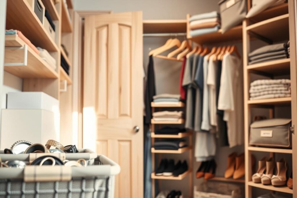 A well-organized closet showcasing efficient storage solutions for small spaces, featuring neatly arranged shelves, hanging organizers, and labeled bins. In the foreground, a close-up of a stylish storage bin filled with accessories. The middle ground includes a wooden multi-tier shoe rack and a series of hangers displaying folded clothes, all arranged harmoniously. The background reveals a charming closet with light-colored wooden doors slightly ajar, allowing warm, natural light to illuminate the space. The atmosphere is inviting and functional, with a soft focus effect that enhances the sense of organization. Use a standard lens to capture the depth of the closet, emphasizing the clever use of vertical space.