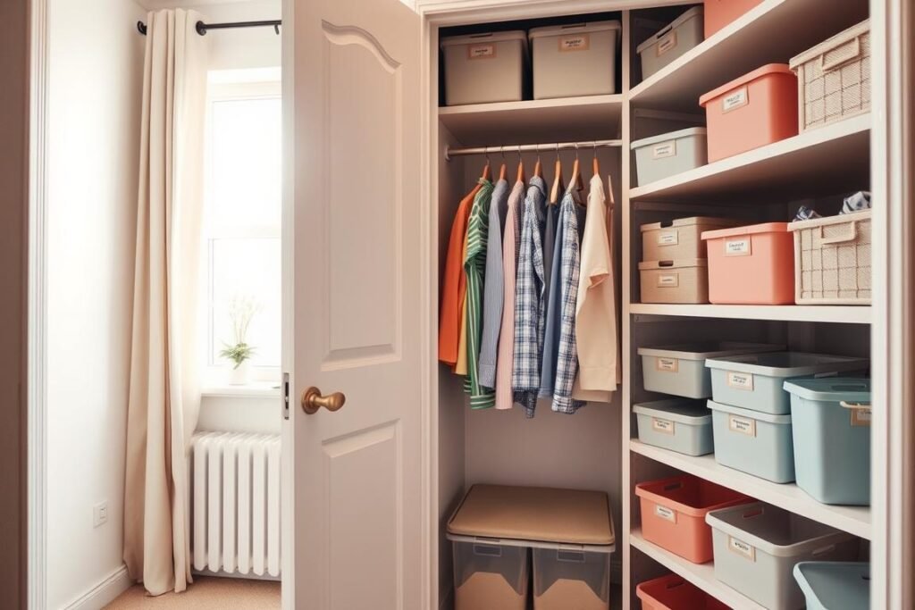 A well-organized closet showcasing innovative organization hacks for small apartments. In the foreground, a stylish closet door slightly ajar reveals neatly arranged shelves filled with colorful bins, hanging organizers, and labeled storage boxes. The middle section features a hanging rod with clothes lined up by color, emphasizing simplicity and accessibility. In the background, soft natural light filters through a nearby window, creating a warm and inviting atmosphere. The overall color palette includes pastel tones that exude calmness. The perspective is from a slight angle, capturing the depth of the closet space, while conveying a sense of order and practicality, perfect for maximizing small spaces on a budget.