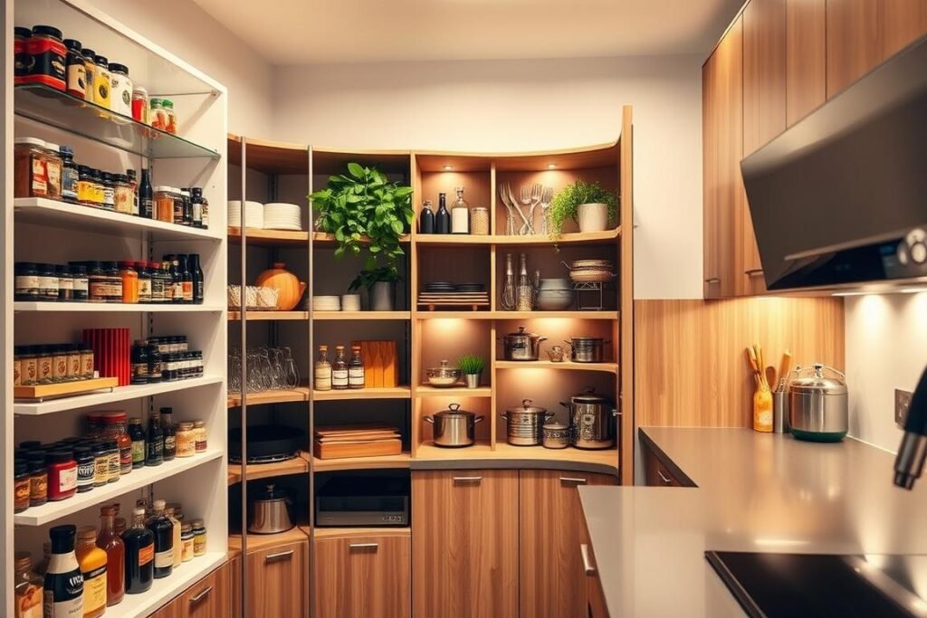 A well-organized corner kitchen showcasing innovative storage solutions. In the foreground, modern shelving units filled with neatly arranged spices, utensils, and cookware. The middle section features a stylish corner cabinet with pull-out shelves, maximizing space efficiency, and vibrant green plants for a touch of freshness. The background reveals a cozy kitchen atmosphere with warm, ambient lighting casting soft shadows, highlighting wooden cabinets and a sleek countertop. The angle is slightly elevated, providing a clear view of the entire corner configuration. The overall mood is inviting and functional, perfect for small home kitchens, emphasizing clever design and space-saving ideas.
