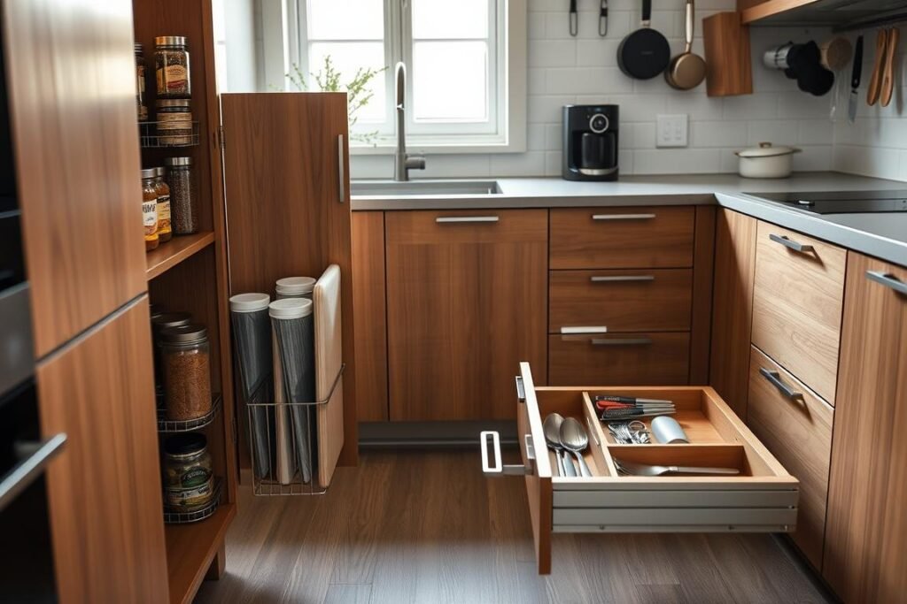 A well-organized kitchen showcasing clever storage solutions is the focus. In the foreground, highlight a sleek, open cabinet filled with pull-out bins for spices, neatly arranged glass containers, and a vertical rack for cutting boards. The middle section features a wide drawer showcasing smart dividers that separate utensils and gadgets, all made of warm wood tones, enhancing the cozy atmosphere. In the background, a contemporary countertop with an integrated knife block and hanging pot racks complements the scene. Soft, natural lighting filters through a window, illuminating the space with a welcoming glow. The angle should be slightly above eye level, capturing an inviting yet functional kitchen design. The overall mood is practical, innovative, and stylish, emphasizing efficient use of space in a small kitchen.