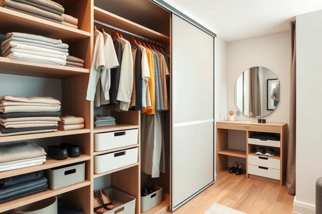 A well-organized modern small apartment closet interior, showcasing efficient storage solutions. In the foreground, neatly arranged shelves with folded clothes, hanging garments in coordinated colors, and stylish storage bins. The middle section features a sleek wardrobe with sliding doors, showcasing both open and closed spaces for shoes and accessories. In the background, a soft-lit vanity area with a mirror, reflecting natural light from a nearby window, enhancing the room's airy feel. The atmosphere is minimalist yet warm, with wooden textures and soft pastel colors. The scene is captured with a wide-angle lens to emphasize spaciousness, highlighting the clever use of vertical space and smart organization tips for small living areas.