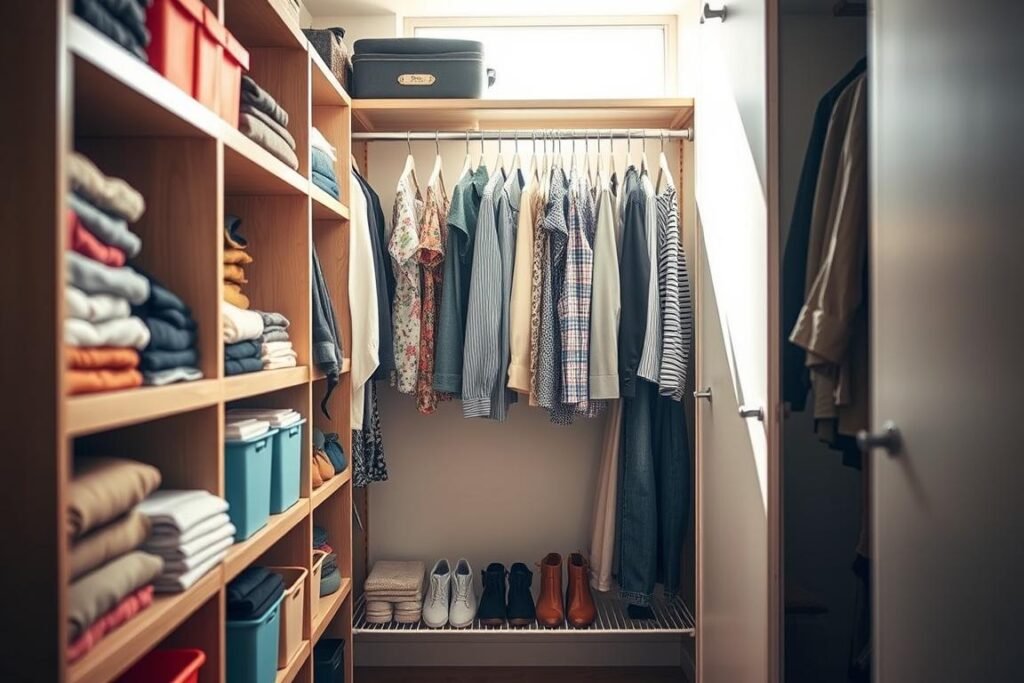 A well-organized small apartment closet showcasing innovative space-saving solutions. In the foreground, neatly arranged shelves hold folded clothes, while colorful bins store accessories. In the middle, a compact hanging rod displays a curated selection of shirts and pants, utilizing vertical space effectively. A sliding shoe rack maximizes storage, blending functionality with aesthetics. In the background, soft, natural light filters through a translucent window, illuminating the closet's contents for a warm, inviting atmosphere. The angle captures the closet's depth, highlighting the harmony of colors and textures, creating a sense of tranquility and order. This scene emphasizes the transformation of a cluttered space into an efficient organization system.