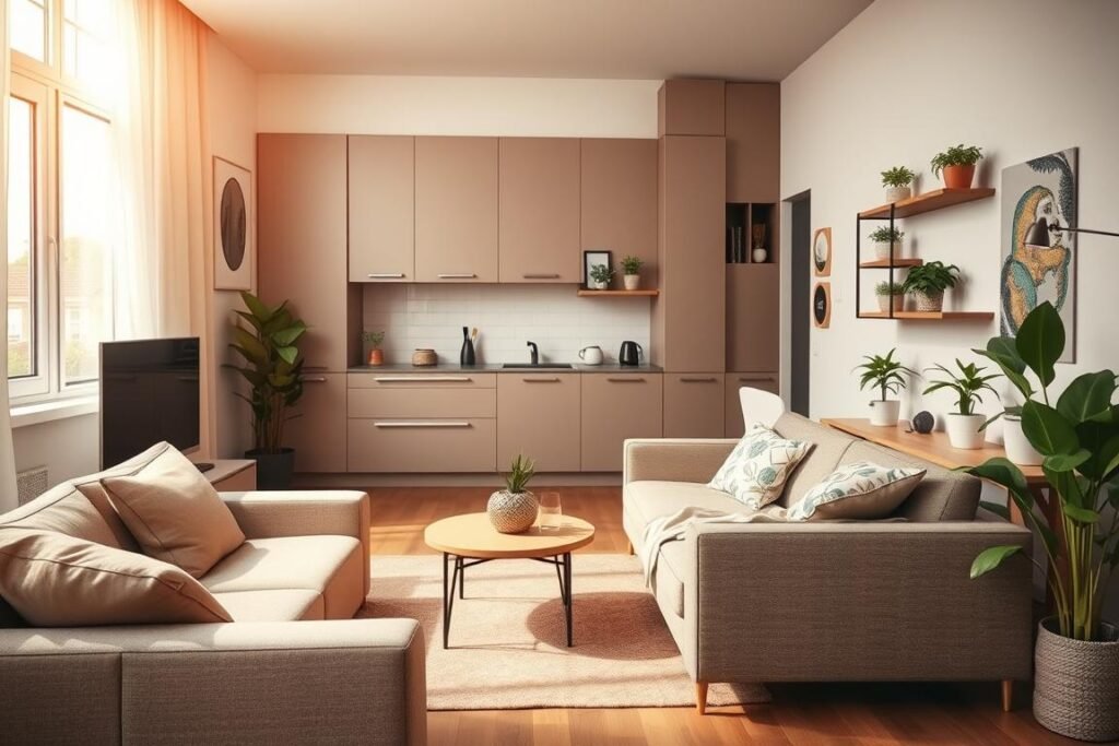 An L-shaped small apartment layout is depicted, emphasizing a practical design that maximizes corner utilization. The foreground features a cozy living area with a compact sofa and a small coffee table, inviting but functional. In the middle, a modern kitchen with sleek cabinetry and an efficient dining nook showcases clever space-saving solutions. The background reveals a well-organized workspace with shelves and plants, creating an inviting and productive atmosphere. The lighting is warm and inviting, simulating soft afternoon sunlight pouring through a window, highlighting textures and colors. The scene is captured from an angle that allows for a comprehensive view of the layout, presenting a balance between aesthetics and practicality, reflecting a smart and stylish small living space.