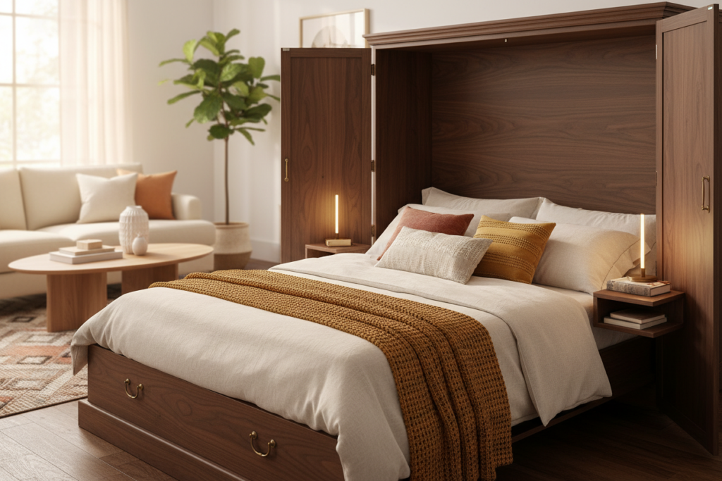 An elegant cabinet bed elegantly transformed into a cozy sleeping space, showcasing its sleek design and practical functionality. In the foreground, the cabinet bed is stylishly open, featuring soft, inviting bedding in warm tones. The wood finish is rich and polished, adorned with subtle decorative accents. In the middle background, a tastefully decorated small living room with minimalist furniture complements the cabinet bed, accentuated by soft natural lighting from a nearby window. Warm tones create a welcoming atmosphere, while the focus remains on the cabinet bed's charm. A gentle bokeh effect highlights the furniture, while maintaining realistic detail in the textures of wood and fabric. The overall mood is serene and stylish, ideal for illustrating innovative space-saving furniture.