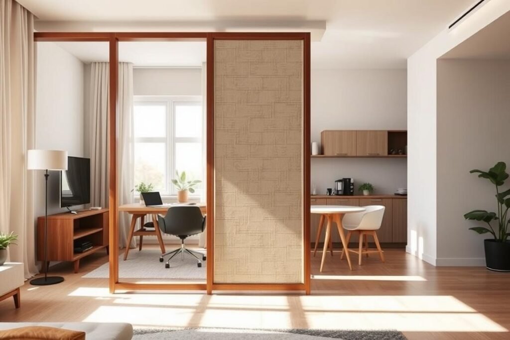 An interior scene showcasing strategic room dividers for small apartments. In the foreground, feature a stylish, modern divider made of wood and fabric that separates a cozy living area from a compact workspace. The middle ground displays a small, well-organized kitchen area with plants and minimalist decor, enhancing the sense of space. In the background, a softly lit window allows natural light to flood the room, casting gentle shadows that create a warm atmosphere. Use a wide-angle lens to capture the full perspective of the room, with a soft focus effect on the background to emphasize the dividers. The overall mood is inviting and functional, illustrating smart solutions for apartment living.