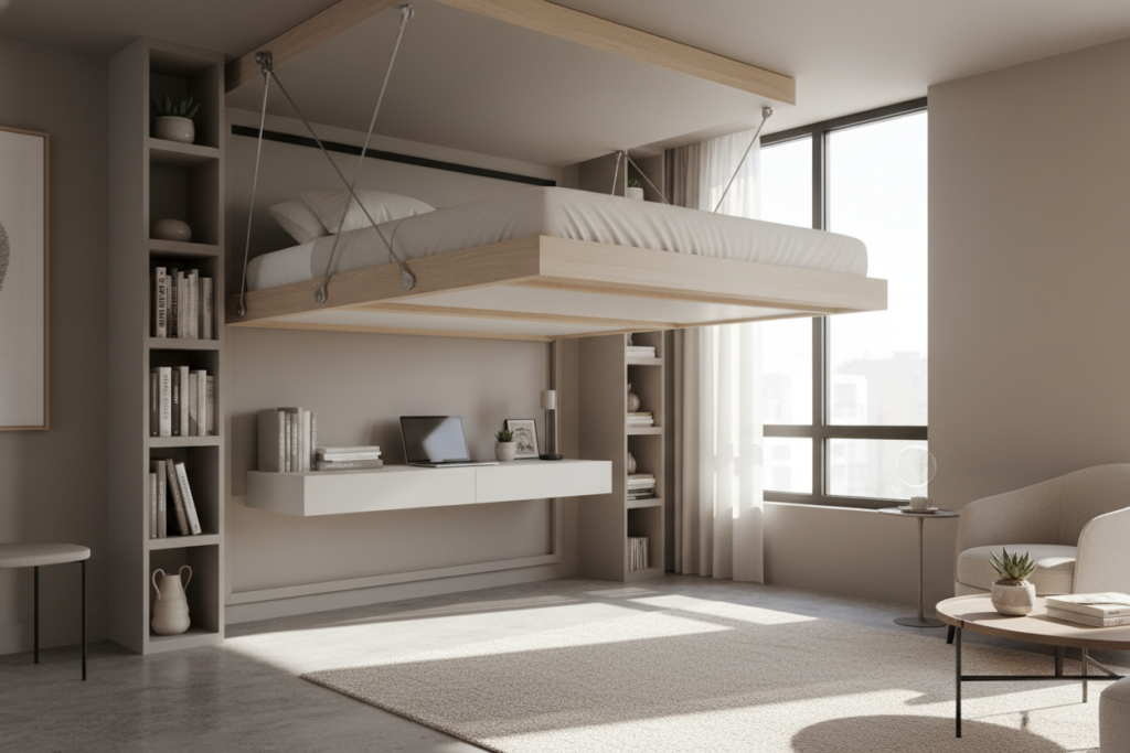Ceiling-mounted pull-down bed in a modern small living space, showcasing an elegant design with a light wooden frame and a plush mattress. The bed is partially extended from the ceiling, demonstrating its functionality and space-saving capabilities. Surrounding the bed, the room features minimalist decor with soft, neutral colors, including a compact bookshelf and a small desk. Bright, natural lighting filters in through a nearby window, casting gentle shadows and highlighting the bed's sleek lines. The angle of the image is slightly below eye level, emphasizing the height and innovative use of vertical space. The atmosphere is cozy and inviting, illustrating an efficient and stylish solution for small homes.