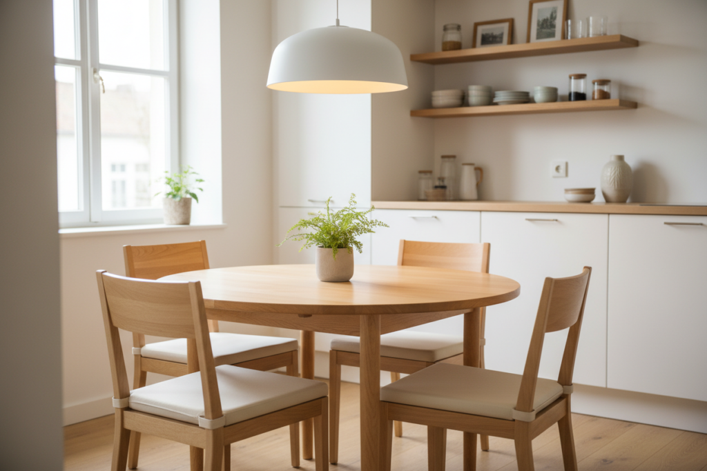 Compact dining furniture set in a cozy, modern kitchen setting. The foreground features a sleek, round extendable dining table made of light wood, surrounded by four minimalist chairs with soft cushions that can easily be tucked away. In the middle ground, there are decorative elements like a small potted plant and a contemporary pendant light hanging above, casting soft, warm light. The background shows a compact kitchen with effective storage solutions, such as open shelves and subtle decorative touches, making the space feel inviting yet efficient. The overall atmosphere is bright and airy, emphasizing smart design and space optimization, ideal for small homes. Soft natural light filters in through a nearby window, enhancing the cozy feel of the space.