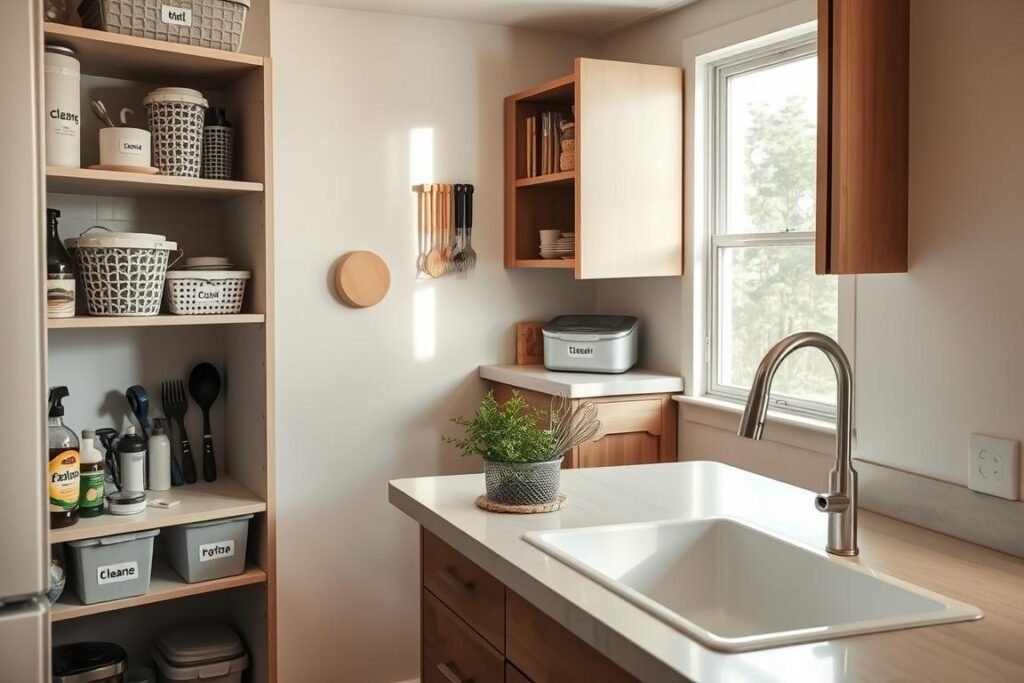 Compact kitchen organization scene featuring a well-organized under-sink area and a tidy countertop. In the foreground, shelves with labeled bins and baskets hold cleaning supplies and kitchen tools, creating a sense of order. The middle ground highlights a sleek countertop adorned with neatly arranged utensils, a small herb garden, and a hidden compost bin. The background reveals cabinets with doors open, showcasing additional organized storage solutions. Soft, natural lighting streams in from a nearby window, casting gentle shadows and enhancing the warm ambiance. The mood is calm and inviting, perfect for a cozy yet functional kitchen space. The scene should reflect creativity in maximizing small spaces without human presence, emphasizing clever storage methods and accessibility.
