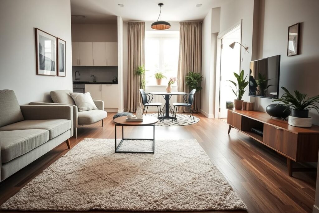 Cozy small apartment interior showcasing effective use of area rugs to define different zones. In the foreground, a well-placed plush area rug in a subtle geometric pattern sets the living space, surrounded by a minimalist sofa and a compact coffee table. The middle section highlights a dining nook with a stylish round table and sleek chairs, accented by a patterned rug that delineates the space. In the background, an open kitchen features modern cabinetry and potted plants for a touch of greenery. Soft, natural lighting filters through a window, creating an inviting atmosphere. The camera angle is slightly elevated, providing a clear view of how smart furniture placement enhances the room's functionality while maintaining a warm, aesthetic appeal.