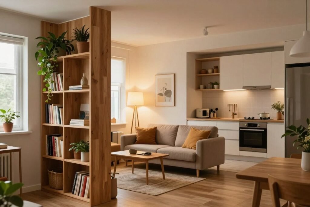 Cozy small apartment interior showcasing space-defining room dividers. The foreground features a stylish wooden bookshelf acting as a divider, adorned with plants and decorative items. The middle layer reveals a well-organized living area with a compact, plush sofa and a small coffee table, complemented by warm-toned cushions. A captivating floor lamp casts soft, ambient lighting throughout the room. In the background, an open kitchen area can be seen, featuring modern appliances and minimalist design. The atmosphere is inviting and serene, with natural light filtering through a large window, adding to the cozy aesthetic. The composition captures a perfect blend of functionality and style, displaying practical space-saving solutions.