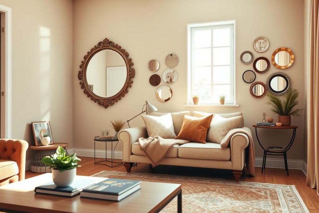Create a cozy small living room decorated with mirrors to enhance the sense of space. In the foreground, include a stylish coffee table with a decorative plant and a few carefully arranged books. In the middle, position a large, ornate mirror above a compact sofa, reflecting an illusion of depth, with soft cushions and a warm throw. On an adjacent wall, add smaller decorative mirrors arranged in an artful pattern. In the background, include a bright window allowing natural sunlight to pour in, casting soft shadows across the room. Use a warm, inviting color palette with earthy tones to evoke a comfortable atmosphere. The room should feel fresh and visually spacious, emphasizing clever mirror placement. Use soft, diffused lighting for a welcoming mood.