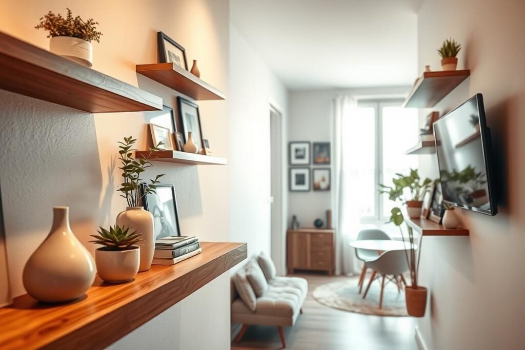 Floating shelves gracefully installed in a cozy small apartment, showcasing a blend of modern and minimalist decor. In the foreground, a wooden shelf holds a few potted plants and decorative books, while a stylish ceramic vase adds a touch of elegance. The middle ground features additional shelves adorned with framed photos and small artifacts, creating a personal yet organized space. The walls are painted in soft, neutral tones, complementing the natural light streaming in through a large window. In the background, glimpses of contemporary furniture and a compact dining area are visible, enhancing the apartment's livability. The scene is illuminated by warm, diffused lighting, giving it an inviting and serene atmosphere. Capture the image from an angle that emphasizes depth and the sense of space within this small, stylish environment.
