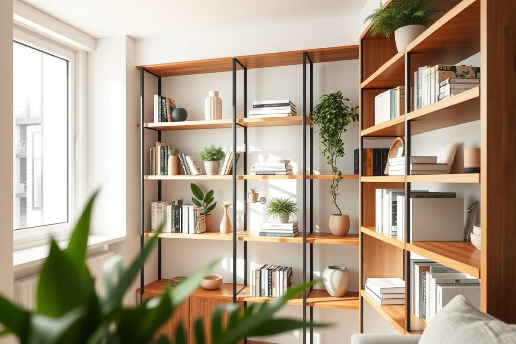 In a cozy minimalist condo, showcase a beautifully designed open shelving unit filled with carefully organized books, houseplants, and decorative objects. In the foreground, highlight the sleek wooden shelves, which feature a warm wood finish, contrasting with a soft-white wall. In the middle ground, include a small potted snake plant and a few artfully placed ceramic pots to add a touch of greenery. The background features a subtle view of a modern kitchen with clean lines and integrated appliances. Soft, natural light pours in from a large window, casting gentle shadows that enhance the space's warmth. Capture the essence of simplicity and tranquility, emphasizing the open concept and breathing room that the open shelving creates. Aim for a bright, airy atmosphere, inviting viewers to appreciate the beauty of minimalism.