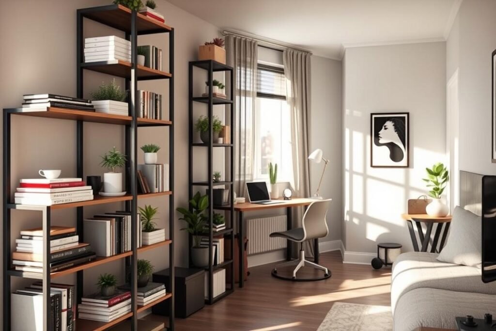 In a stylish, small studio apartment, showcase innovative vertical space utilization with floor-to-ceiling storage solutions. The foreground features a sleek, multi-functional shelving unit filled with books, plants, and decorative items, demonstrating practical organization. In the middle, a compact workspace with a modern desk and chair complements the vertical storage, emphasizing a streamlined aesthetic. The background reveals a cozy corner with a small sofa and a wall-mounted art piece, enhancing the overall warmth of the scene. Soft, natural lighting filters through a nearby window, casting gentle shadows and creating an inviting atmosphere. The room is designed with a color palette of muted tones, emphasizing a sense of serenity and space optimization.