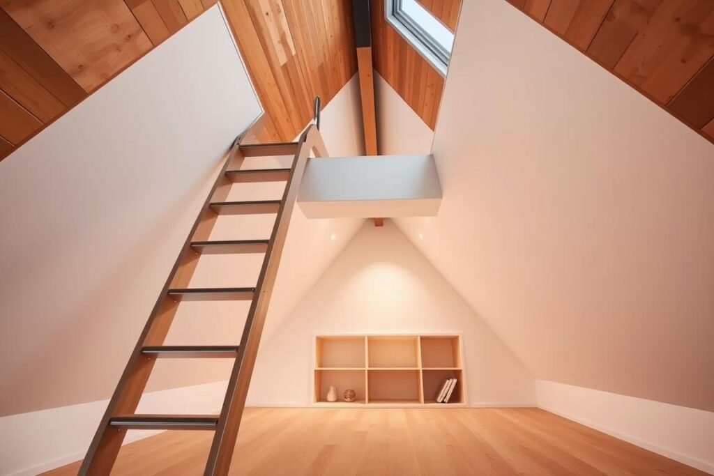 Innovative attic stair design featuring a sleek, sliding mechanism that seamlessly glides down from the ceiling. The foreground highlights the modern ladder, constructed from a combination of polished wood and metal, with a smooth, elegant finish. In the middle ground, an open, minimalist attic space showcases the ladder in action, revealing a well-organized storage area in soft, ambient lighting. The background displays the sloped ceiling of the attic, adorned with warm wooden beams and subtle spotlights that create a cozy atmosphere. Capture this scene from a low angle, emphasizing the functionality and style of the sliding stairs, while ensuring a realistic portrayal of the materials and design. The overall mood should be innovative, inviting, and practical, reflecting the genius of space optimization in small living areas.