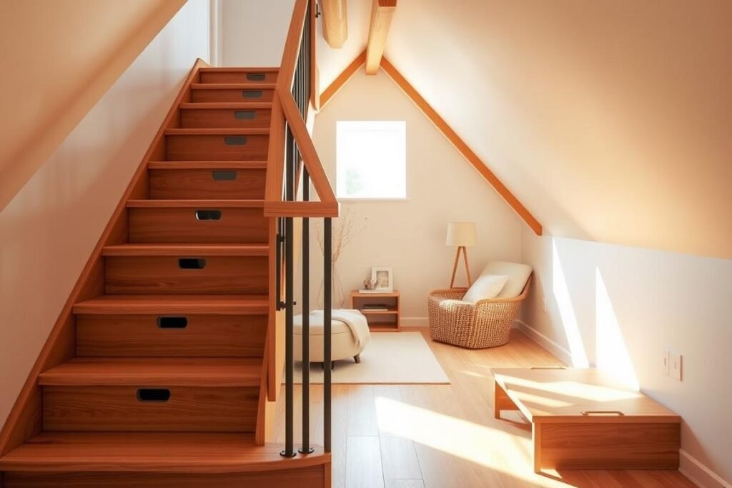 Innovative attic stair designs that emphasize space-saving solutions, featuring a charming wooden staircase with sleek, foldable steps, surrounded by a cozy attic interior. In the foreground, the staircase is beautifully crafted with modern metal railings and built-in storage compartments integrated into the design. The middle ground showcases minimalist decor with a bright, airy feel, displaying soft natural light streaming in from a small window. In the background, exposed wooden beams and subtle decorative elements suggest a functional yet inviting space. Use soft, warm lighting to create a welcoming atmosphere, capturing the essence of smart design in a compact living area. Angle the shot slightly from below for a dynamic perspective, highlighting the innovative features of the staircase.