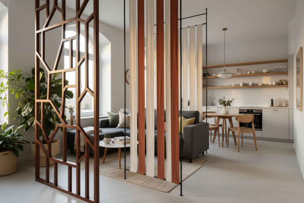 Modern and stylish room dividers showcasing innovative designs for small spaces. In the foreground, feature a sleek wooden divider with geometric patterns, juxtaposed with a lightweight fabric divider in warm tones. The middle ground should include a small, cozy living area with a sectional sofa, potted plants, and a minimalist coffee table. In the background, highlight a well-lit kitchen area with open shelving and a compact dining table. The scene should be illuminated by soft, natural light streaming through a nearby window, creating a warm and inviting atmosphere. Use a wide-angle lens to capture the essence of functional zones in a tiny apartment, emphasizing the clever use of space while ensuring a clutter-free, modern aesthetic.