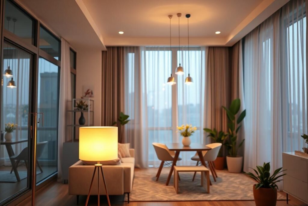 Modern condo style lighting design featuring a cozy living space illuminated by strategically placed fixtures. In the foreground, a sleek, minimalist floor lamp with a warm glow stands next to a stylish sectional sofa in neutral tones. The middle ground showcases chic pendant lights hanging above a small dining table, accentuating the space without overcrowding it. In the background, tall windows allow soft, natural light to filter in, enhanced by sheer curtains that create an inviting atmosphere. Use a bright color palette with hints of greenery from potted plants. The scene should evoke a sense of contemporary elegance and comfort, captured from a slightly elevated angle to emphasize the lighting's impact on the overall decor. The mood should be warm and inviting, perfect for small space living.