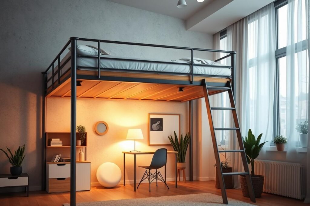 Modern loft bed designs for small rooms, showcasing a stylish and functional space. In the foreground, a creatively designed loft bed featuring a sleek, minimalistic frame made of metallic and wooden elements, with built-in shelving and a small desk area underneath. In the middle, soft, warm lighting illuminates the cozy space, highlighting textured walls painted in soothing pastel colors. To the background, large windows allow natural light to flood the room, adorned with light sheer curtains, creating an airy atmosphere. The room is decorated with potted plants and modern artwork, enhancing the feeling of comfort and simplicity. Capture this scene from a slightly elevated angle to emphasize the height of the loft bed and the clever use of space, evoking a mood of innovation and tranquility.