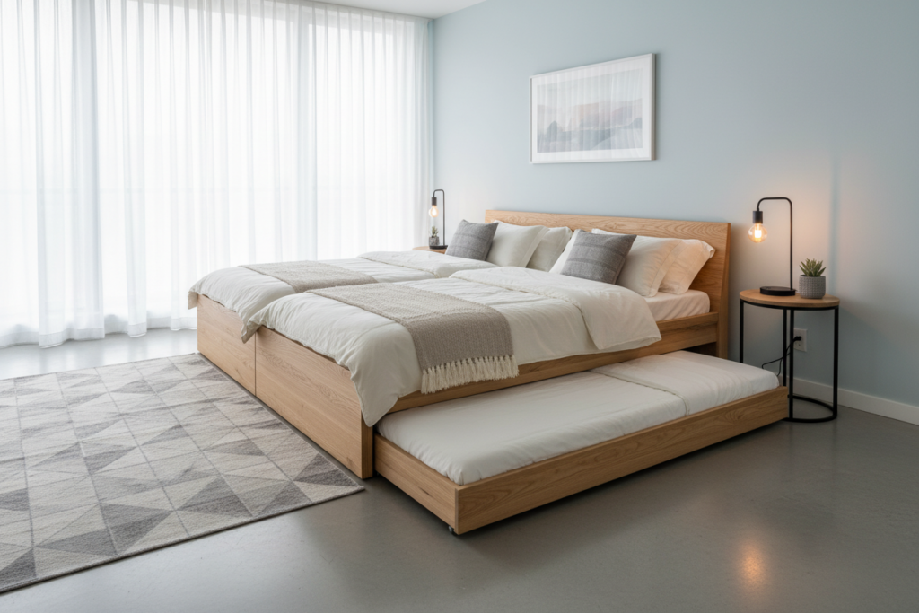 Modern trundle beds in a stylish, contemporary bedroom setting. The foreground features a sleek wooden trundle bed with soft, neutral-toned bedding, neatly tucked. The trundle is partially extended, showcasing the clever design. In the middle ground, a cozy rug adds warmth, while a stylish nightstand rests beside the bed, adorned with a small lamp and potted plant. The background reveals a bright window with elegant drapes, letting in natural light that gives a soft, inviting glow to the room. Use a wide-angle lens to capture the entire space, emphasizing the bed's functionality and aesthetic appeal. The overall atmosphere is modern and serene, ideal for maximizing small living spaces.