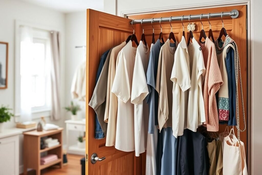 Over-the-door hanging racks designed for small spaces, featuring multiple tiers adorned with neatly hung clothes and accessories. In the foreground, display a wooden door partially open, revealing sturdy metal hooks and various garments organized by color. The middle ground showcases several lightweight fabrics, such as T-shirts, blouses, and pants, hanging freely, highlighting the practicality of the racks. In the background, a cozy room with soft, natural lighting streams through a window, casting gentle shadows and creating a warm, inviting atmosphere. Use a wide-angle lens to emphasize the functionality and accessibility of the racks, capturing an overall mood of clever organization and thoughtful design for compact living.