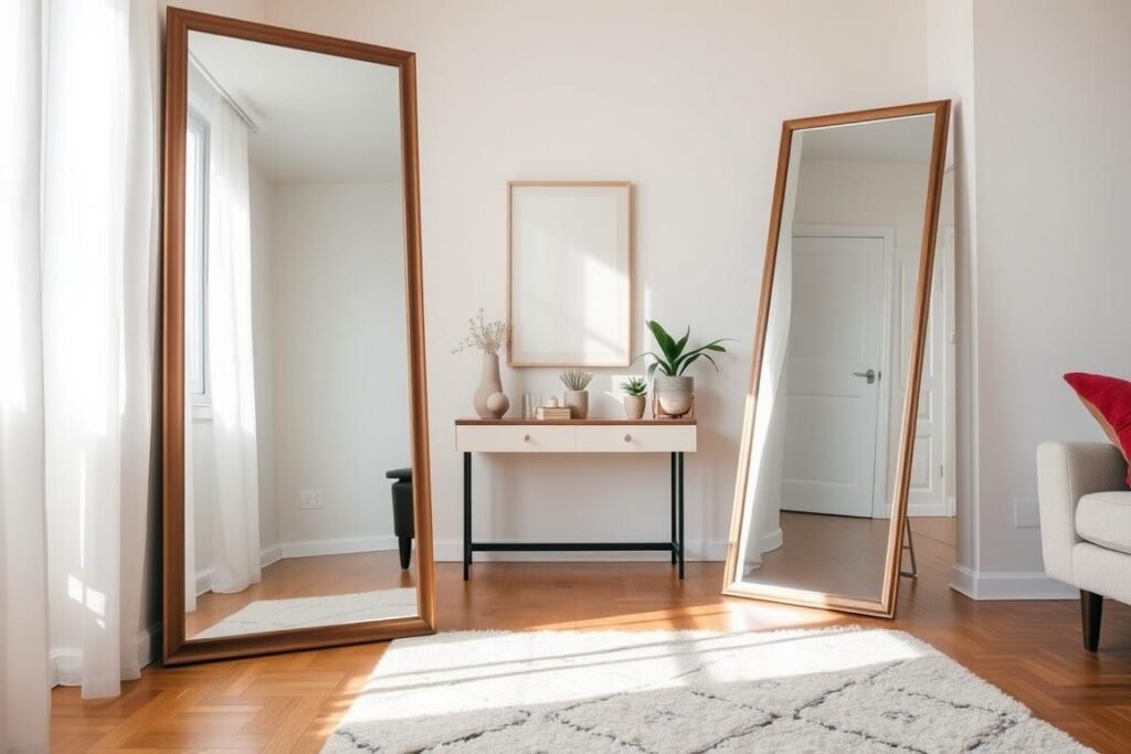 Oversized leaning floor mirrors are elegantly positioned in a cozy, well-lit small apartment living space. In the foreground, the mirrors reflect soft, natural light from a nearby window, accentuating the warm wooden flooring and inviting decor. A plush area rug lies underneath, adding texture and comfort. In the middle ground, a minimalist console table is adorned with a few stylish decorative items, while potted plants bring a touch of greenery. The background features a pastel-colored wall with tasteful artwork that complements the overall serene atmosphere. The lighting is bright yet soft, creating an airy and open feel, enhancing the sense of space and light in this charming apartment interior. The perspective captures the mirrors at a slight angle, emphasizing their height and the reflections they create.