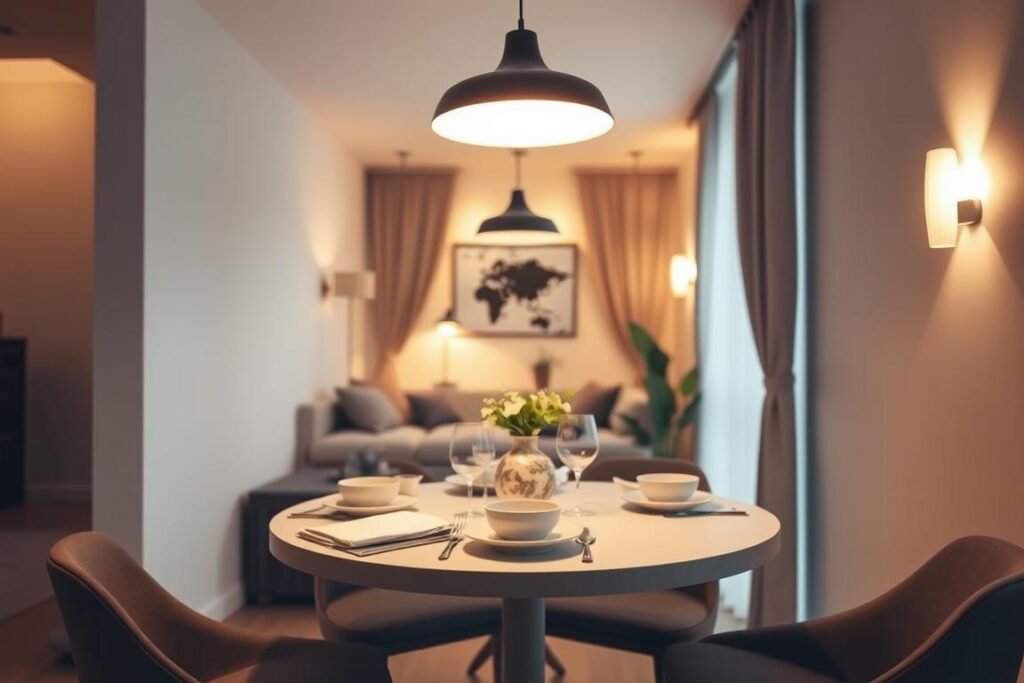 Smart lighting design for a small dining area, showcasing a cozy and modern setup. In the foreground, a stylish round dining table with elegant tableware and subtle decorative touches, illuminated by a sleek, adjustable pendant light. In the middle, a compact, beautifully arranged space featuring warm ambient lighting that emphasizes the table and creates a welcoming atmosphere. In the background, softly glowing wall sconces and a window with light-filtering drapes, giving a sense of openness. The scene is captured from a slightly elevated angle, highlighting the layered lighting effects and overall inviting mood. The atmosphere should feel intimate yet spacious, ideal for maximizing small apartment dining experiences.