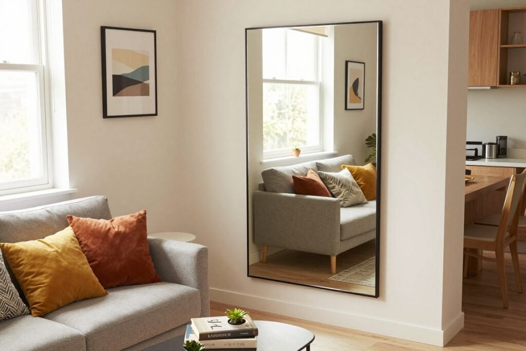 Stylish small apartment decor featuring a strategically placed large mirror that reflects light and creates an illusion of space. In the foreground, a cozy seating area with a compact, modern sofa adorned with colorful cushions. The middle section showcases a sleek coffee table with decorative books and a small plant. The mirror hangs on the wall opposite a window, allowing natural light to flood the room, enhancing the airy atmosphere. In the background, tasteful wall art adds character, and soft, warm lighting creates an inviting mood. The apartment design uses neutral tones with splashes of color, illustrating clever space-saving solutions. The angle of the shot should be slightly elevated, capturing the full essence of the apartment while maintaining a realistic and relatable feel.