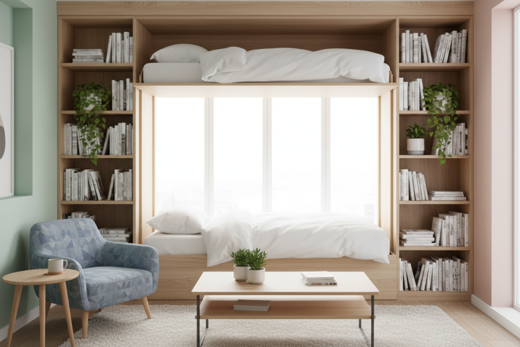 a cozy, modern small living space featuring a stylish hidden bed seamlessly integrated into a wall unit, with crisp white bedding folded up and surrounded by built-in shelves adorned with books and plants. In the foreground, a compact yet comfortable armchair sits next to a small coffee table, while in the middle, a sleek wooden coffee table complements the minimalist design. The background reveals a large window with soft, natural light streaming in, illuminating the gentle pastel color scheme of the room. The atmosphere feels inviting and space-efficient, showcasing the versatility of hidden beds in maximizing small home living without sacrificing style. The composition emphasizes realism and practicality in space-saving design.